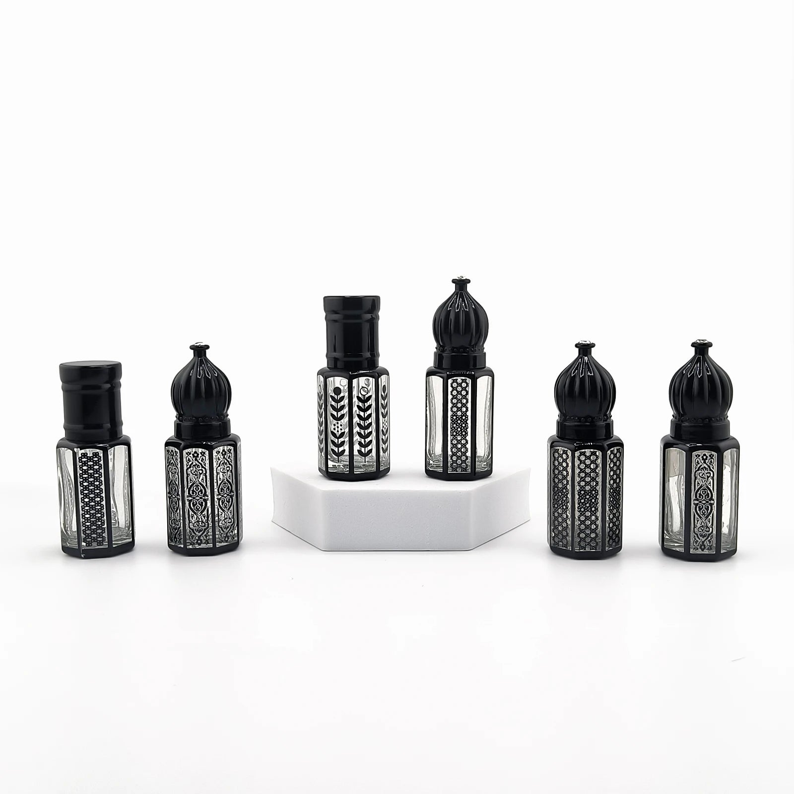 Wholesale Luxury Empty Silver Black Octagonal Glass Attar Perfume Bottles with Box Packaging 6ml 9ml 12ml