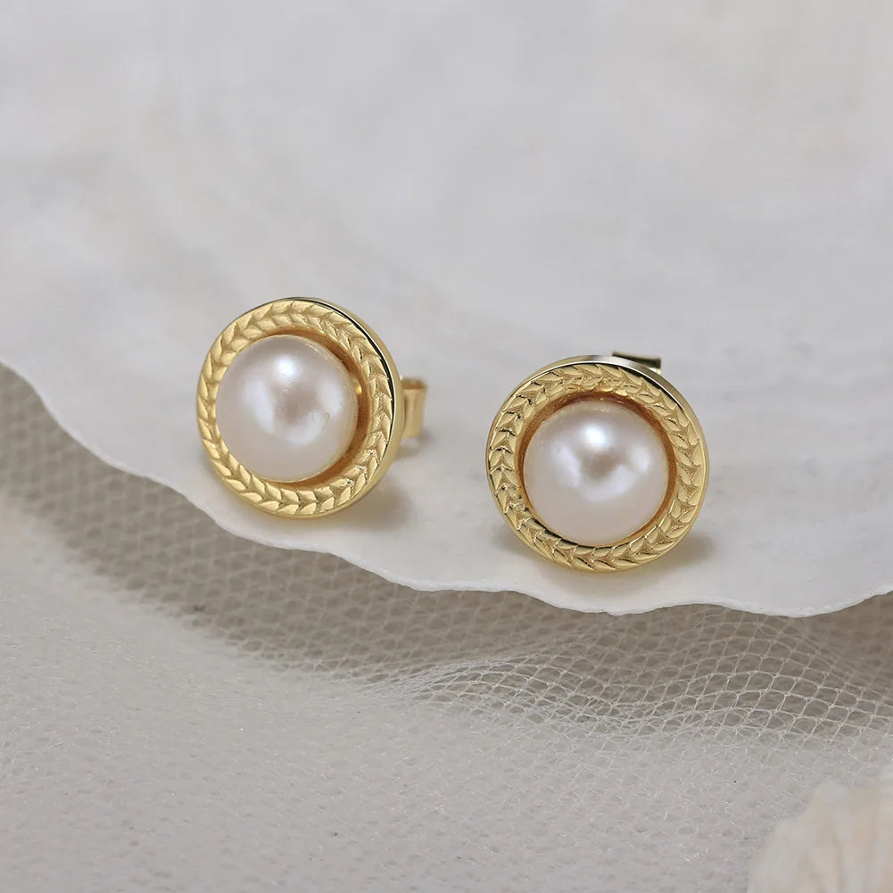 RINNTIN GPE98 Minimalist Jewelry 925 Sterling Silver Freshwater Pearl Studs Earrings 14K Gold Plated Pearl Jewelry for Women