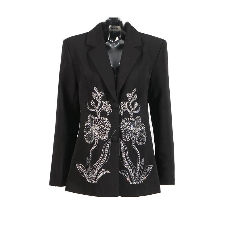2025 New Hot Selling Women's High-End Blazer Niche Fashion Heavy Industry Rhinestone Flower Decoration Solid Two Single Breasted