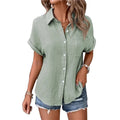 Women Summer Fashionable Cotton Shirts Short Sleeve Casual Button Front Europe Blouse Tops Lapel Clothes Shirt