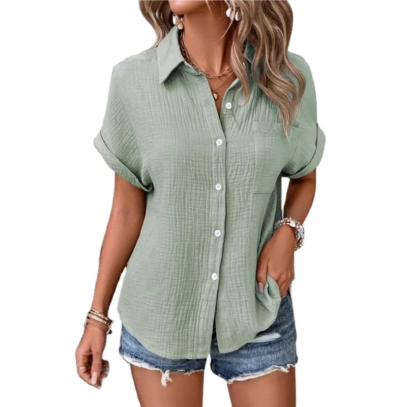 Women Summer Fashionable Cotton Shirts Short Sleeve Casual Button Front Europe Blouse Tops Lapel Clothes Shirt