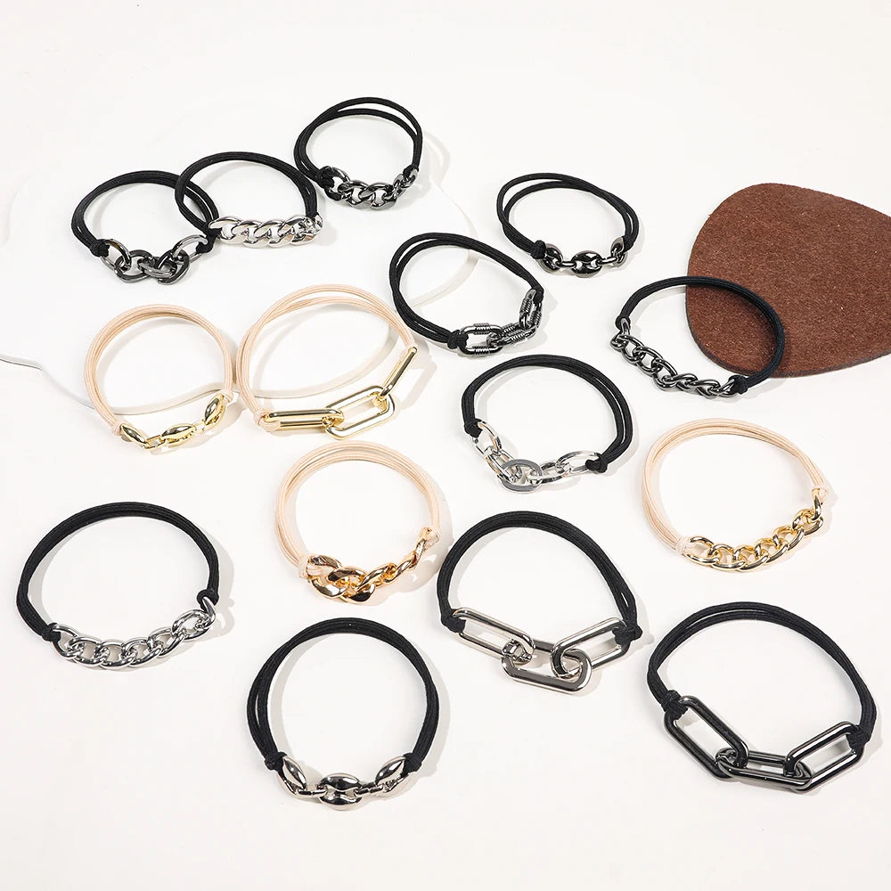 2023 New Style 3pcs Per Card Metal Bracelet Hair Ties Beige Black Elastic Cute Hairbands That Look Awesome on Your Wrist