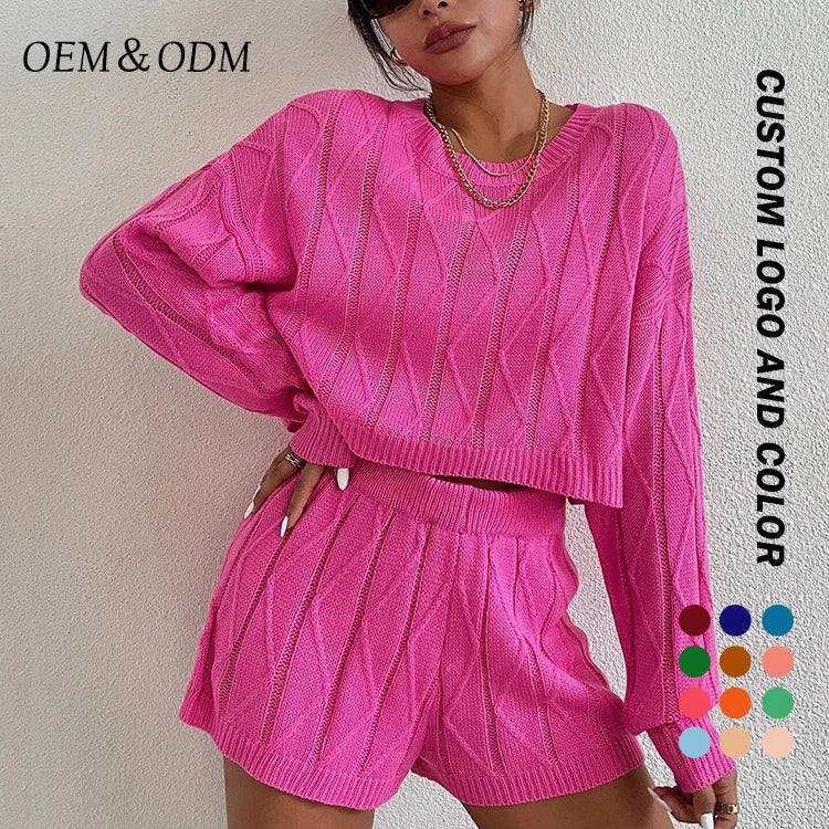 Ladies Casual Knit Suits Long Sleeve Crew Neck Sweater Knit  Pants Suits Support Custom Color Logo Anti-Wrinkle
