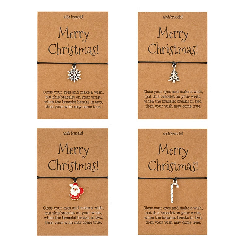 Christmas Gift Bracelets with Wish Cardboard Christmas Tree Santa Claus Candy Cane Snowflake Charm Macrame Rope Cord Bracelet