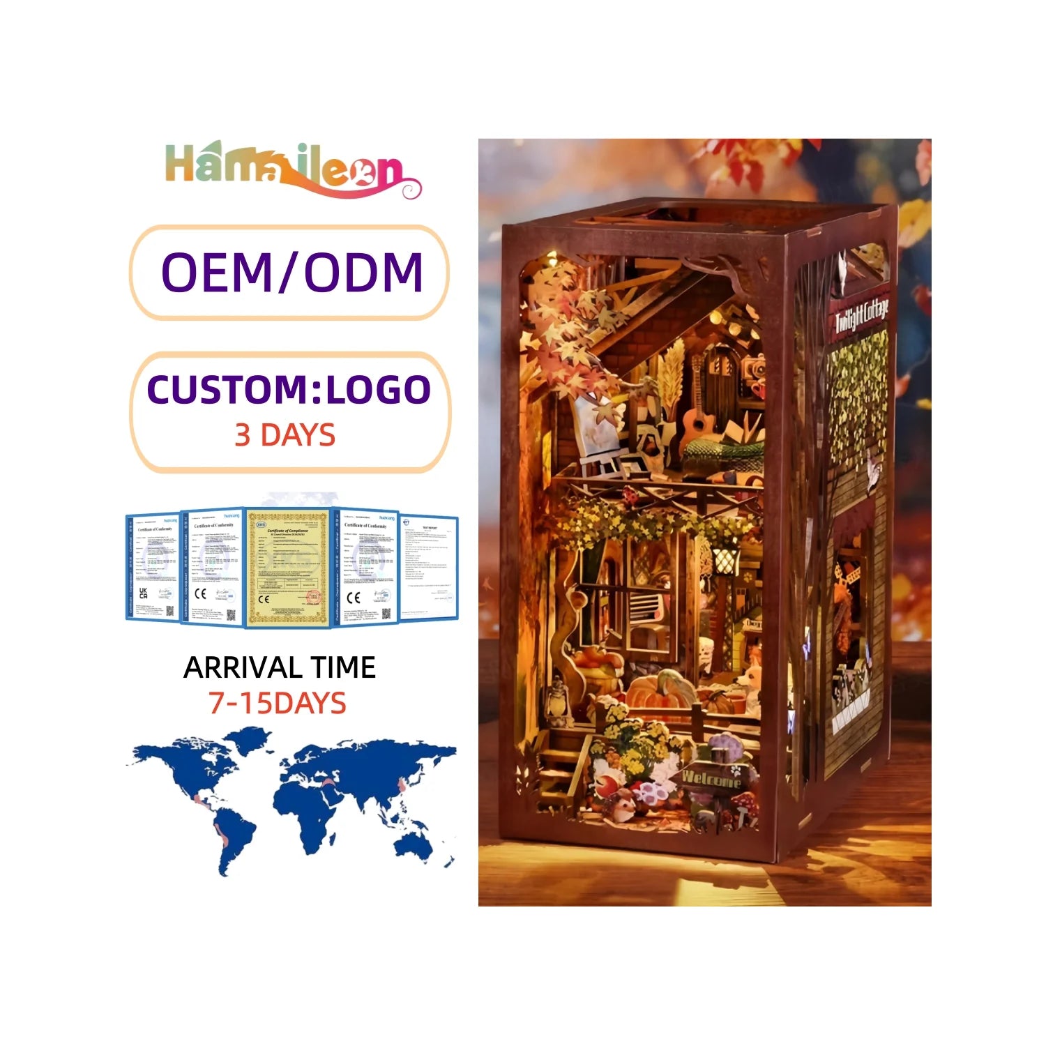 Hamaileon SL07 Twilight Cottage 3D Wooden Puzzle Book Nook Kit DIY Bookshelf Insert Dollhouse Model And Bookend