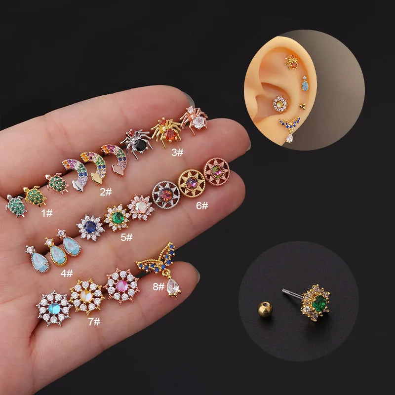 20g Stainless Steel Rod With Colorful Cz Copper Animal Flowers Ear Cartilage Piercing Tragus Helix Lobe Earrings