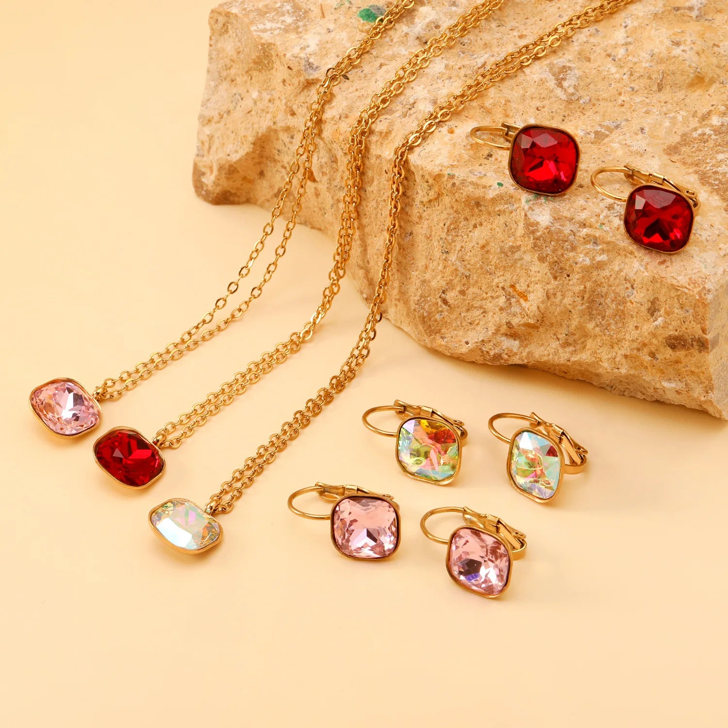 Colorful Clear Square Glass Pendant Earrings Necklace Set Stainless Steel Chain Fashion Chandelier Jewelry Accessories