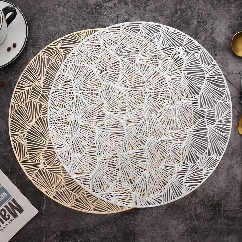 Gold PVC Hollow Gingko Leaf Oil Resistant Non-slip Kitchen Placemat Coaster Insulation Pad Dish Coffee Cup Table Mat Home Decor