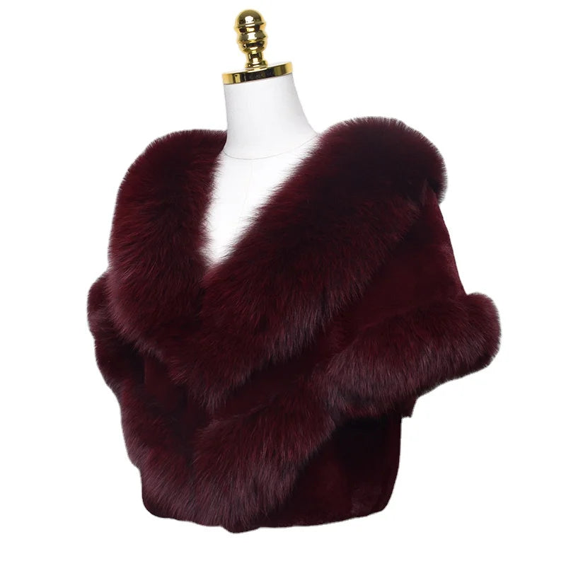 Fashion Short Coat Winter LuxuryLady's  Fur Jacket Fox Fur Trimmed Rex Rabbit Cape for Women