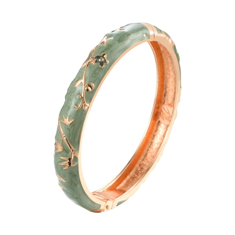 Daili Wholesale Women's Green Charm Colorful Enamel Flower Design Zinc Alloy Gold Plated Classic Style 60mm Bangle Fashion