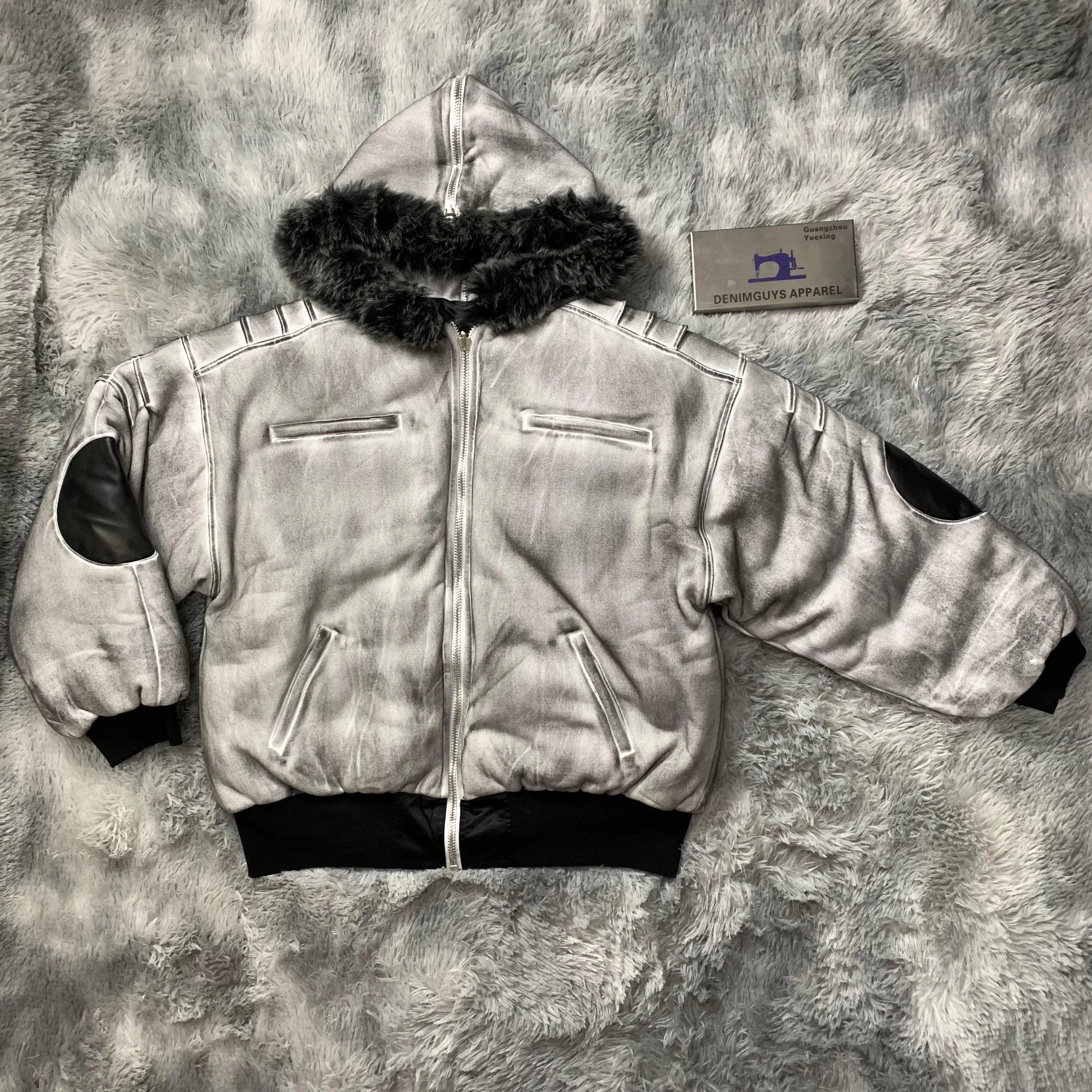 DENIMGUYS Reversible Puffer Jacket Custom Hiphop Streetwear Thickened Down Coat Men Vintage Faded Washed Down Jacket