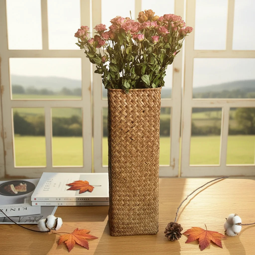 Rattan Vase Decorative Silk Plant Home Natural Seaweed Weave Basket Pastoral Rattan Vase