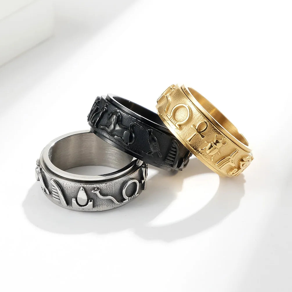 Beimai Unisex Stainless Steel Ring New Egyptian Symbol Design 18K Gold Plated Vintage Style Waterproof Rotary Unisex Ring