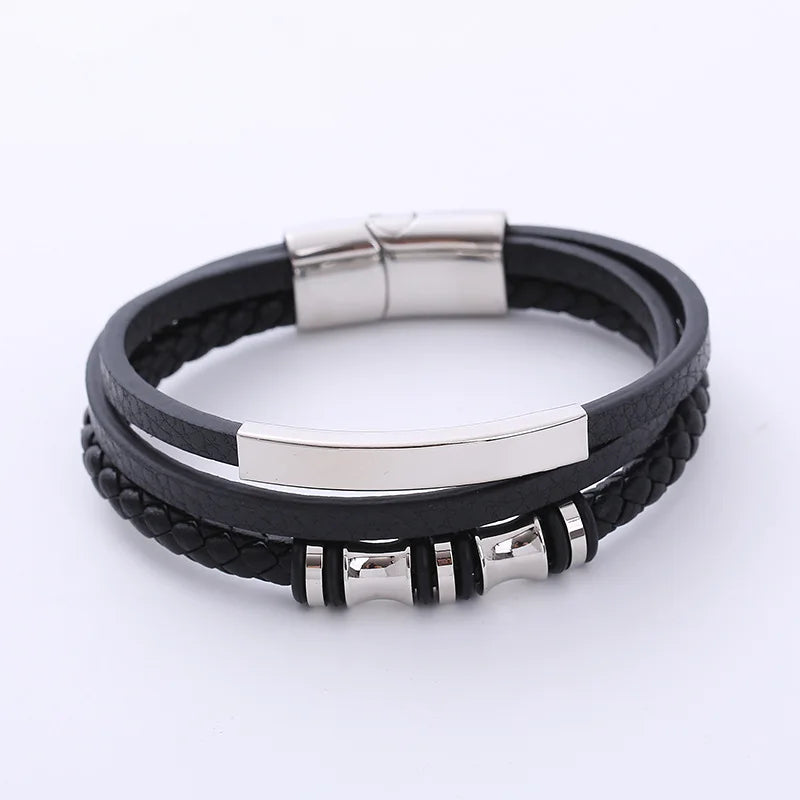 Stainless Steel Charm Multi Layer Genuine Braided Leather Bracelet Fine Jewelry for Men
