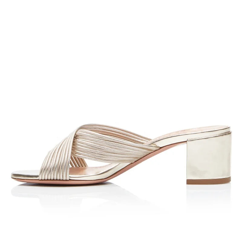 2024 Tailingjia Stylish Gold Summer High Heel Sandals for Woman Open Toe Slide Sandals Mules Large Size