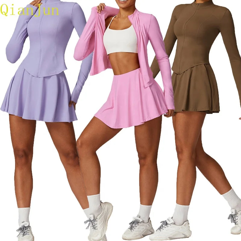New Summer Breathable Sun Protective Tennis Sports Jacket Set Quick Dry Quick Dry Skirt Gym Fitness Adults Solid Pattern