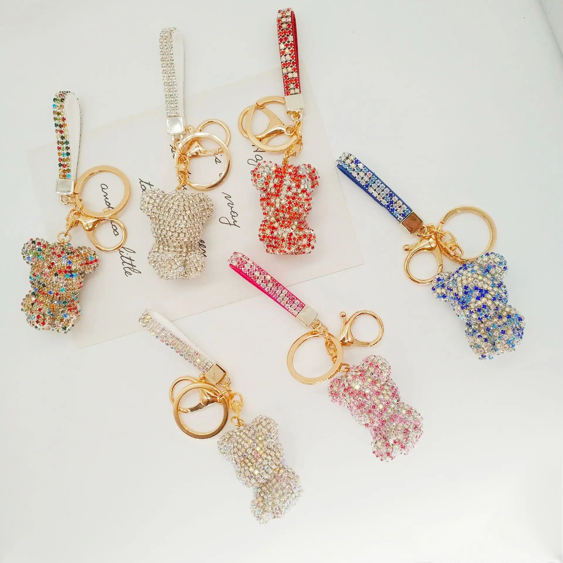 Custom Rhinestone Bear Diamond Key Ring Leather Strap Wristlet Car Key Chain Bag Charm Crystal Bling Keychains