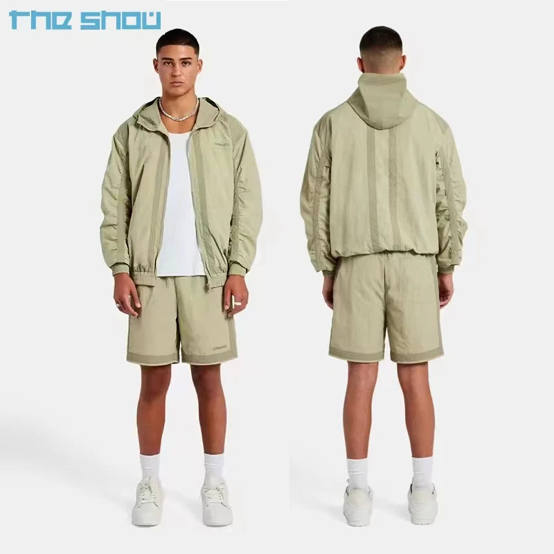 OEM Custom Training Wear Pants New Stylish Lightweight Blank Nylon Colour Block Zip Track Jacket and Windbreaker Shorts Set Men
