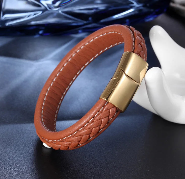 Stainless Steel Gold Plated Magnetic Buckle Braided Brown Bracelet for Men