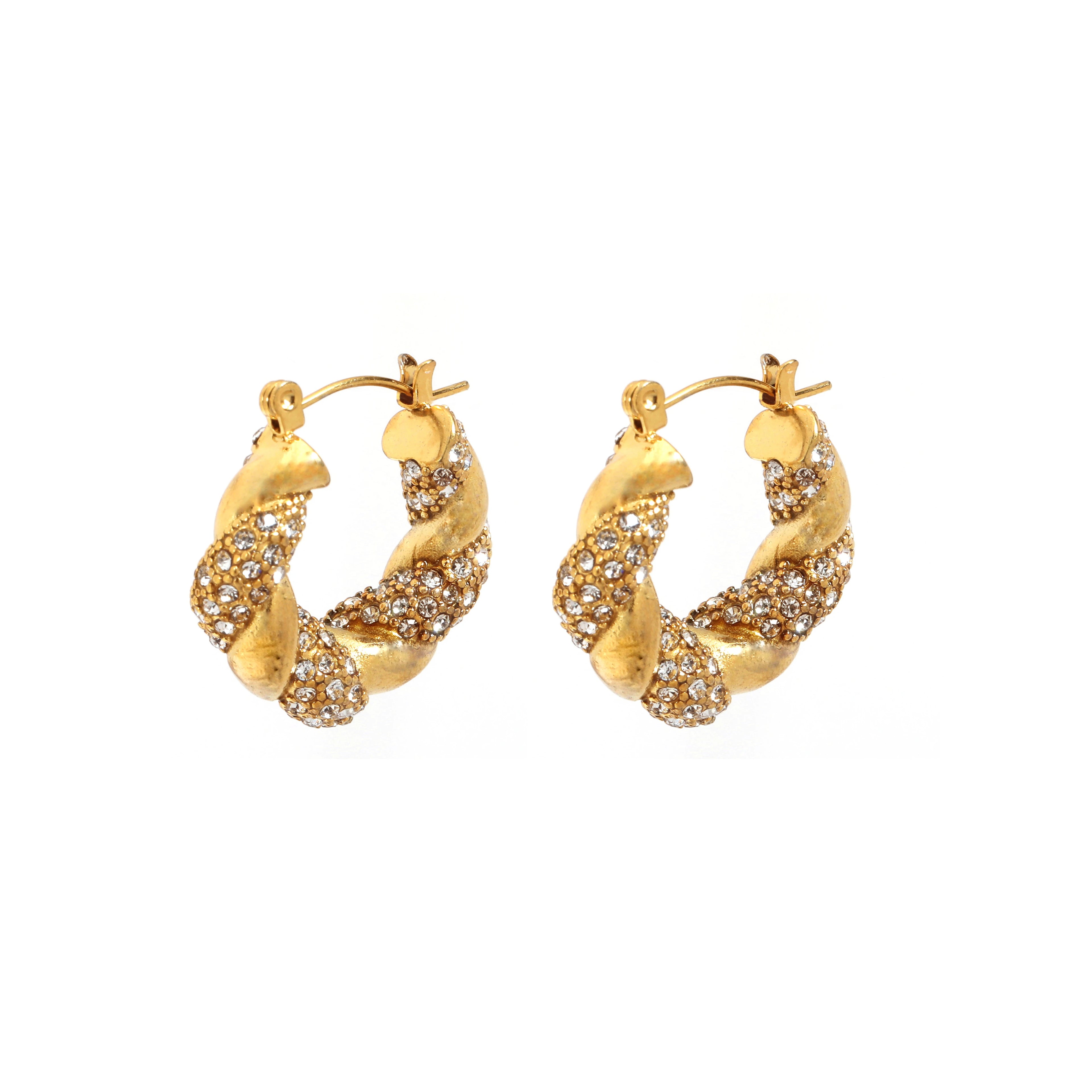 Best Seller 18K PVD Gold Plated Luxury CZ Stone Crystal Chunky Twisted Hoop Earrings for Women Stainless Steel  Jewelry