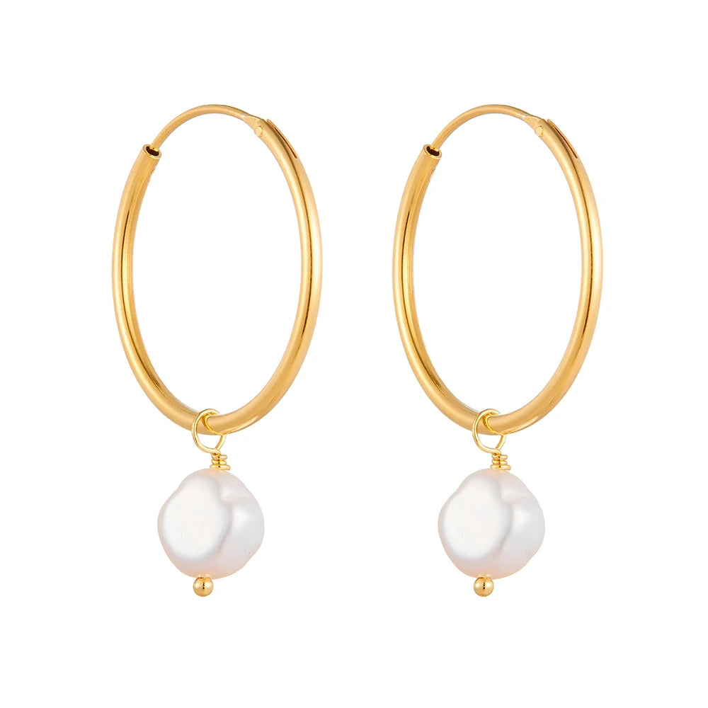 Peishang Wholesale Jewelry 925 Sterling Silver Gold Plated Big Round Pearl Tube Hoop Earrings