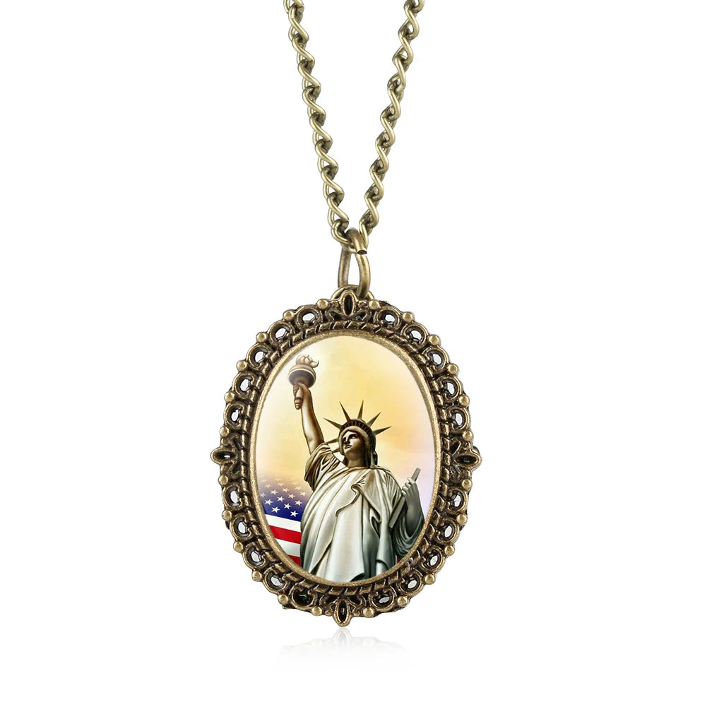 Vintage Cameo Pocket Watch with Statue of Liberty Design Oval Necklace Watch with Chain for Jewelry Accessories Gift