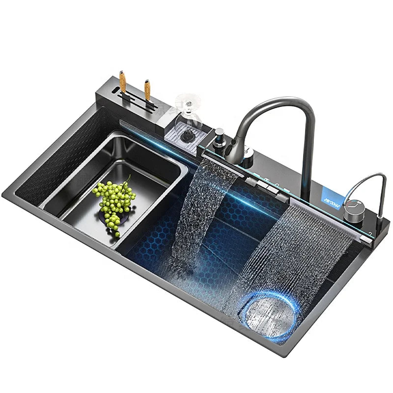 Upgraded Black Nano Honeycomb Smart Stainless-steel Sink with Waterfall Faucet and Knife Rest for Above Counter Basin Kitchen