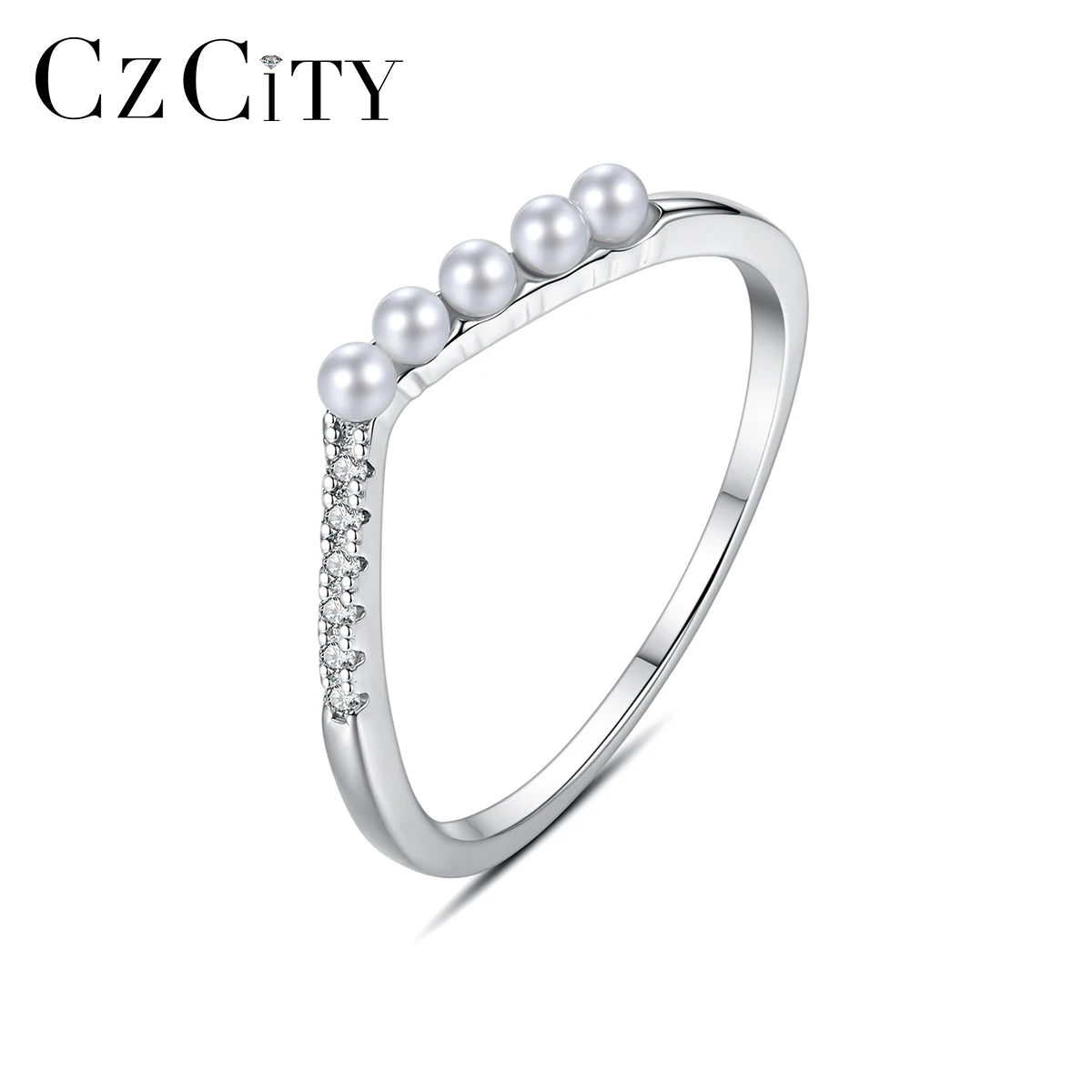CZCITY Girl Finger Woman Fashion Micro Zircon 925 Sterling Silver Imitation Pearl Jewelry V Shape Ring
