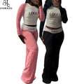 Wholesale Custom Logo Women Long Sleeve O Neck Top + Turn Down Flare Pant Blank Casual Sporty Two Piece Set