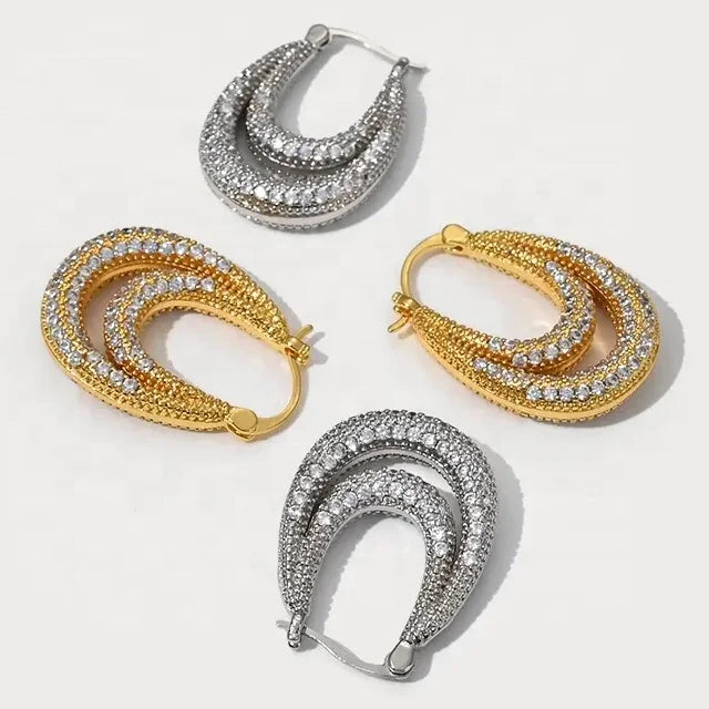 European and American Ins Niche Design Brass-plated 24k Gold Oval Ear Buckle Double Layer Full Diamond U-shaped Zircon Earrings