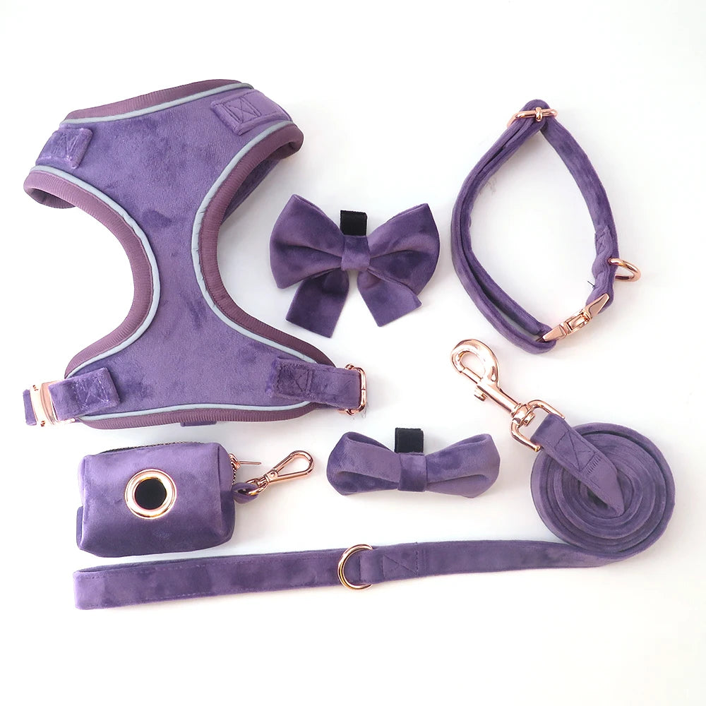 Luxury Adjustable Dog Accessories Custom Personalized Color Velvet Chest Pet Harness Collar and Leash