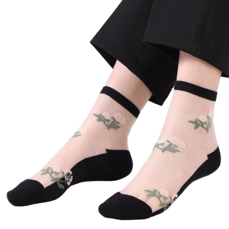 Women's Summer Transparent Crystal Silk Sheer Ankle Socks One Size Spandex/Nylon/Cotton Breathable Thin Solid Flower Jacquard