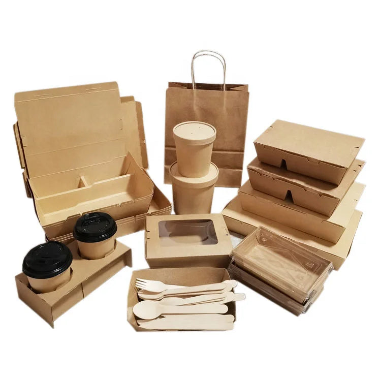 Disposable Food Container Greaseproof Kraft Paper Salad Lunch Box Paper Bag and Paper Cups Take Away Packaging Set