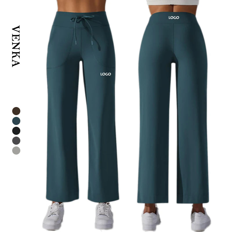 Custom Private Loose Breathable High Waist Sports Wide Leg Pants Drawstring With Pockets Women Gym Fitness Workout Yoga Pants
