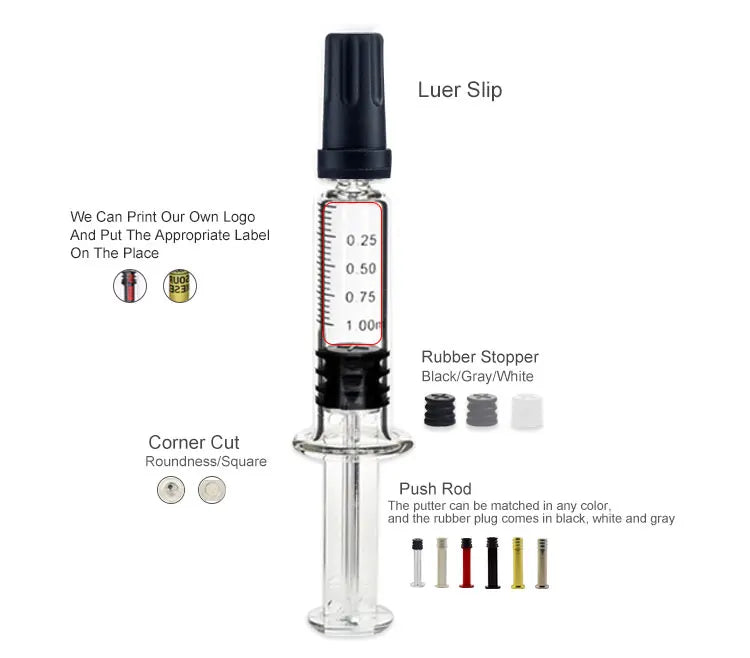 Reusable Luer Lock Glass Syringes 5ml 3ml 2ml 1ml Glass Syringe with Metal Plastic Plunger 0.5ml Glass Sryinge Luer Lock Slip