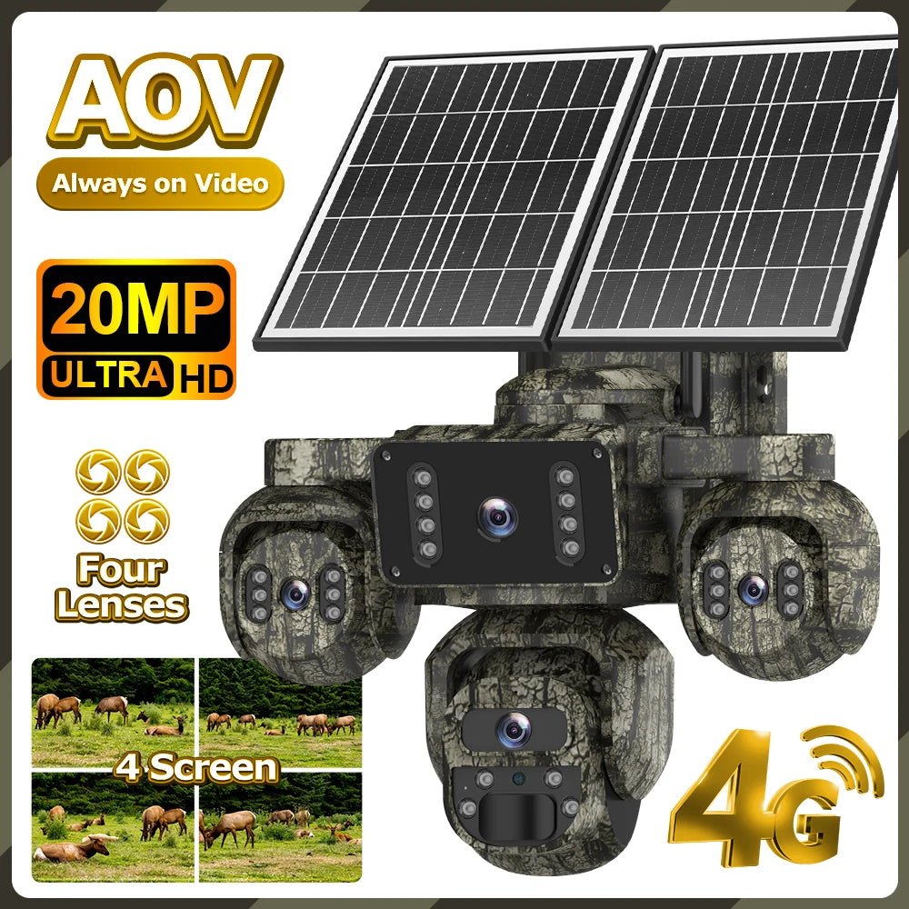 IP66 Waterproof Solar Cameras 20MP 4 Lens 4 Views PTZ Camera Outdoor Home AOV Camera CMOS Sensor 4G Hunting Security CCTV Camera