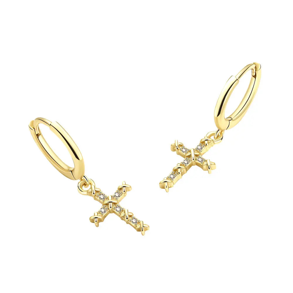 New Fashion Cute Cross Ear Buckle Earrings Shiny Cubic Crystal Gold Color Hoop Earrings for Women Korean Wedding Jewelry