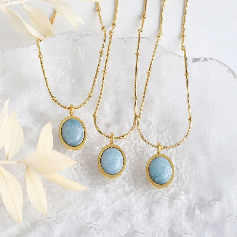 Women's 18K Gold Plated Stainless Steel Oval Blue Sapphire Aquamarine Natural Jade Gem Stone Gemstone Pendant Necklace