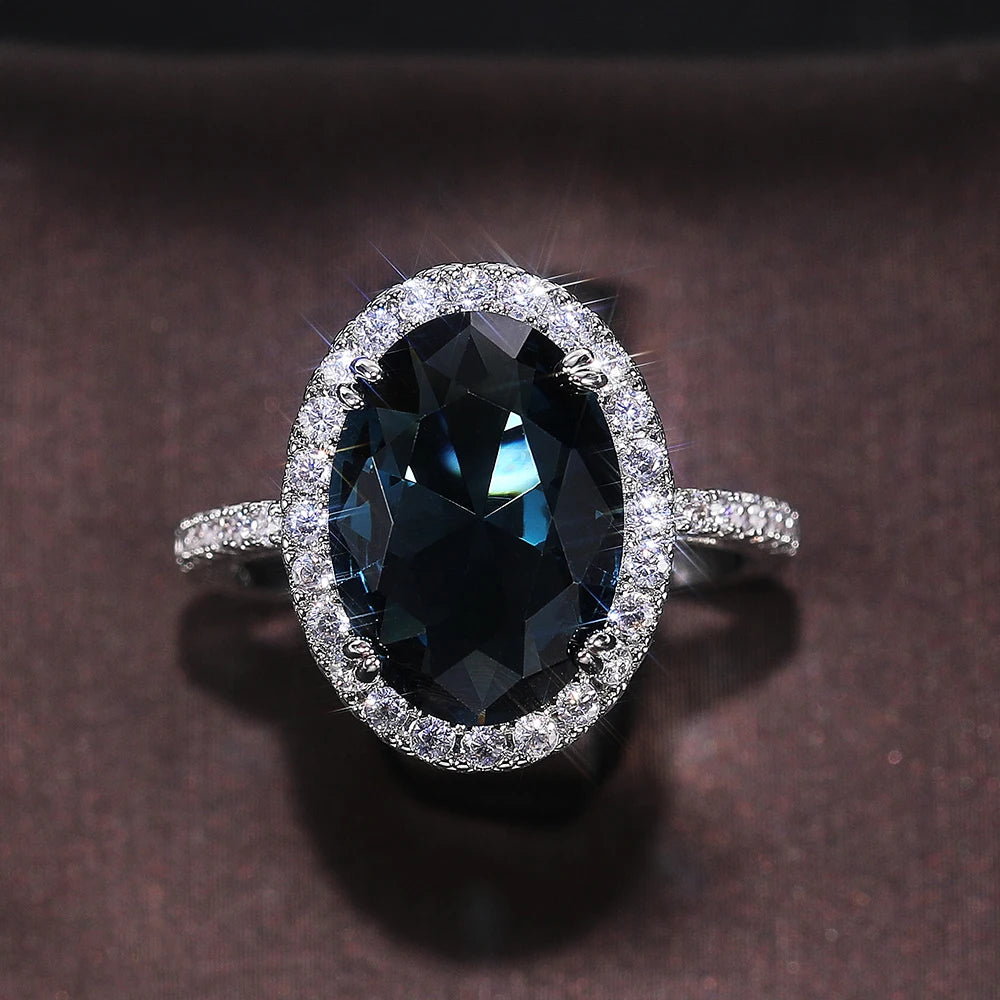 CAOSHI Super Large Oval Royal Blue Gemstone Crystal Zirconia Ring Girls Macro Pave Diamond Set Elegant Blue Rings Silver Color