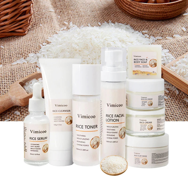 OEM ODM Korean Skincare Products Kit Organic Face Moisturizing Whitening Beauty Cosmetics Facial Rice Skin Care Set for Women