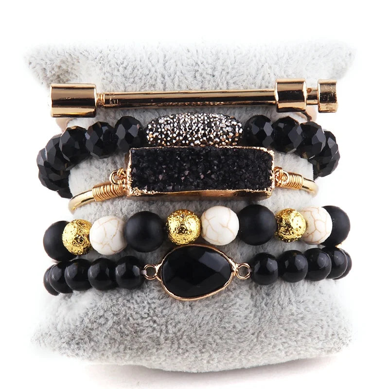 Boho Customize Jewelry Crystal Glass Beads Natural Gemstone Bracelet Screw Open Metal Bar Cuff Druzy Bangle Stack Bracelets Sets