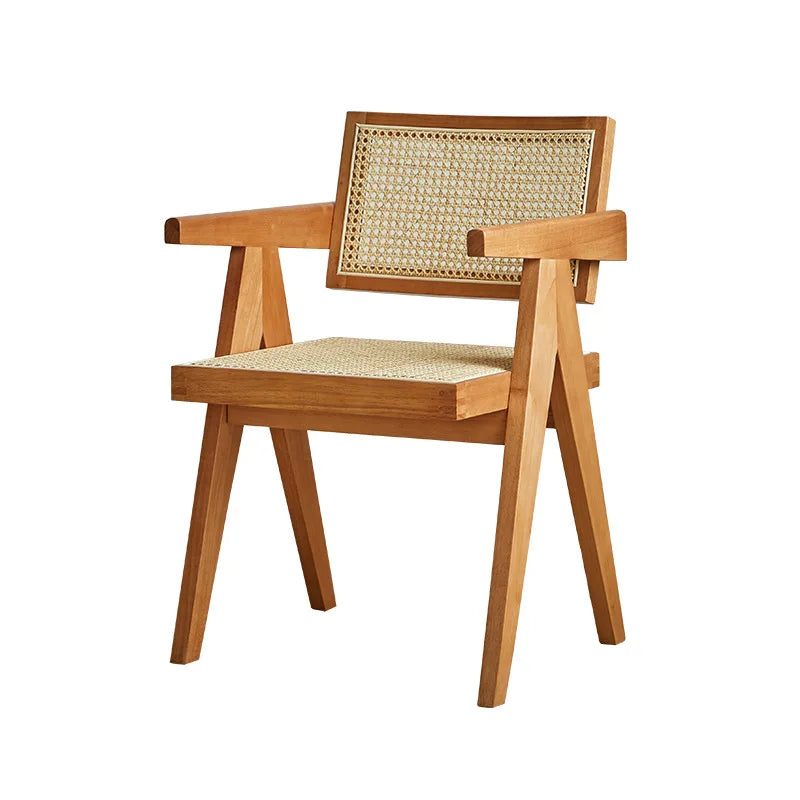 Rattan Wabi-sabi Style Dining Chair Household Solid Wood Backrest Log Armchair Chandigarh Chair Simple Rattan Chair