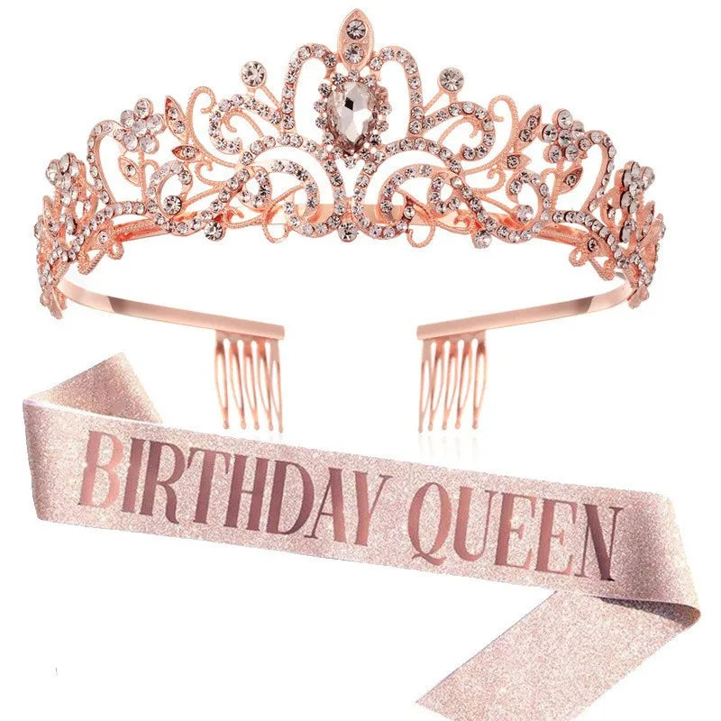 Hot Selling Cheap Premium Birthday Party Queen Crystal Diamond Birthday Crown With Sash Rose Gold Headpiece Set