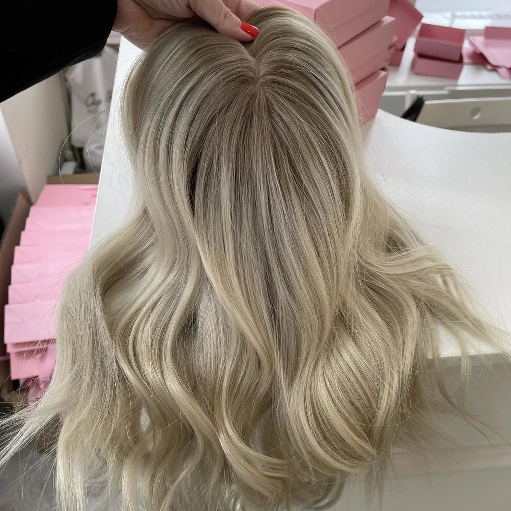 Blonde Highlight Russian Human Hair Silk Base Topper Body Wave Clip in Hair Jewish Women Topper Balayage Style