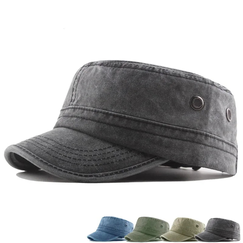 Men Washed Cotton Adjustable Strap Metal Eyelet Cadet Hat Flat Top Crowncap Cap and Hat