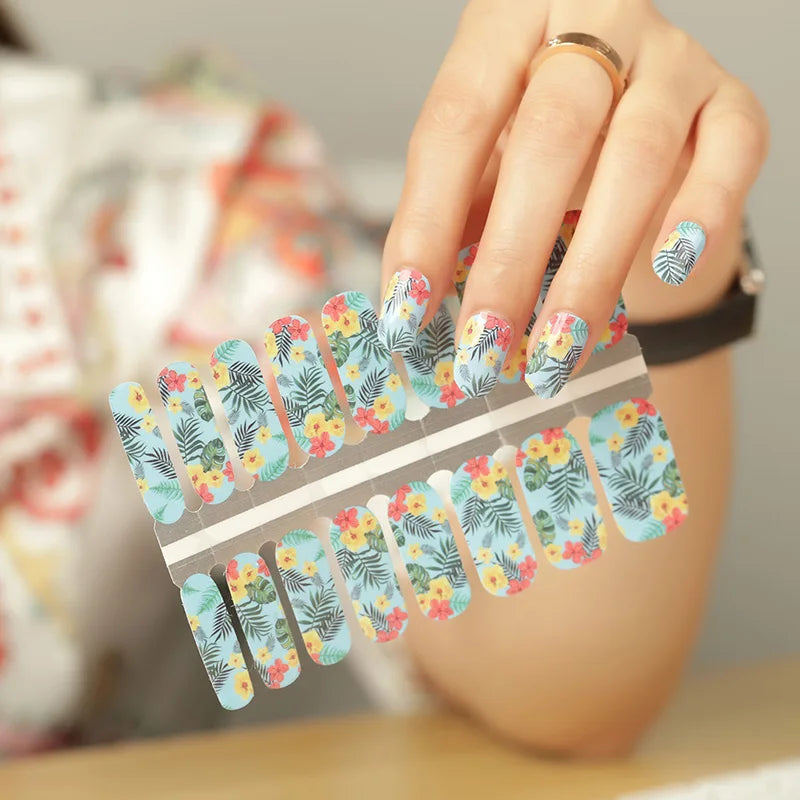 New Flower Nail Wraps 16 Tips Nail Art Stickers Waterproof Nail Polish Full Cover Stickers