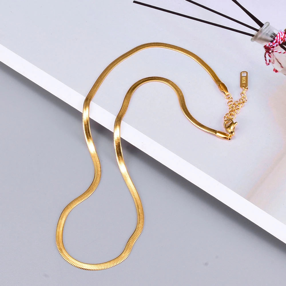 18K Gold Plated Color Stainless Steel Herringbone Pattern4mm 40+5cm Snake Chain Choker Necklace