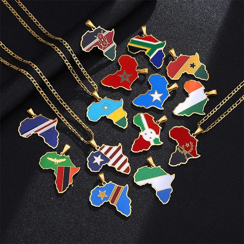 Figaro Chain 17 Enamel Country Nigeria Necklace 18K PVD Gold Plated Tarnish Free Stainless Steel African Map Pendant Necklace