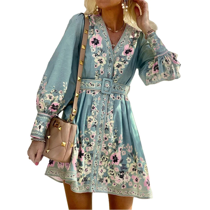 Professional Custom Factory Direct Women Zimmer Dress Wholesale Summer Bohemian Floral Print Long Sleeved V Neck Loose Style