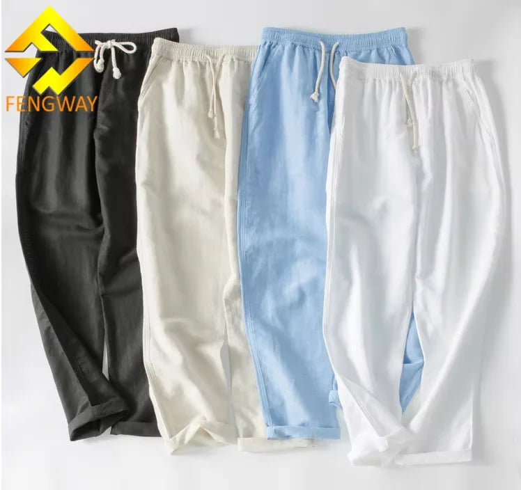 Men's Linen Casual Pants Lightweight Straight Leg Mid Waist Trousers with Drawstring Closure Plain Dyed